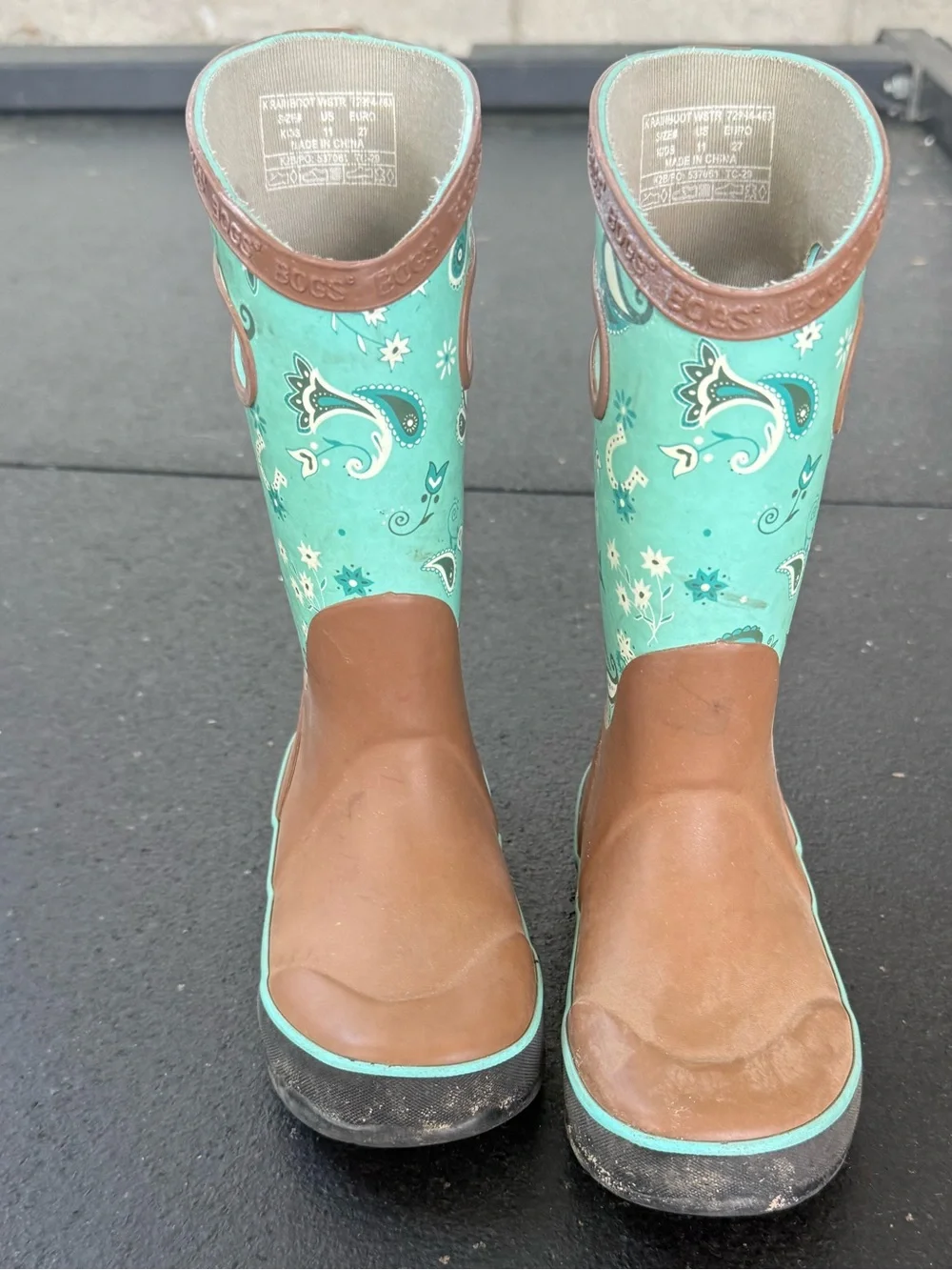 Bogs Boots toddler 11 Brown and Teal Paisley Kids Rain Boots waterproof